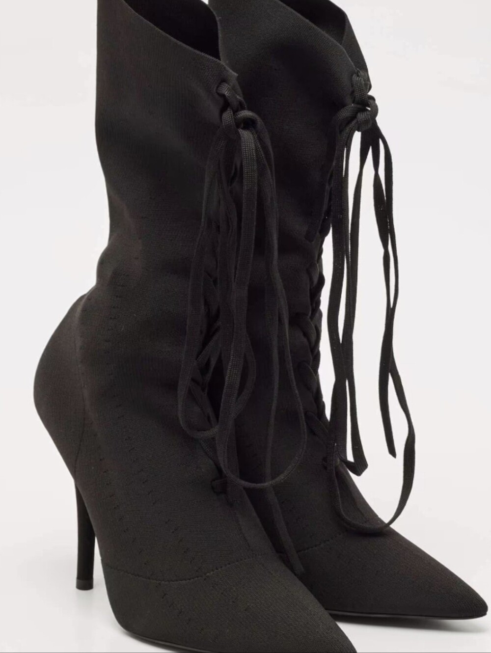Yezzy Black Lace-Up Pointed Toe Stiletto Ankle Boots